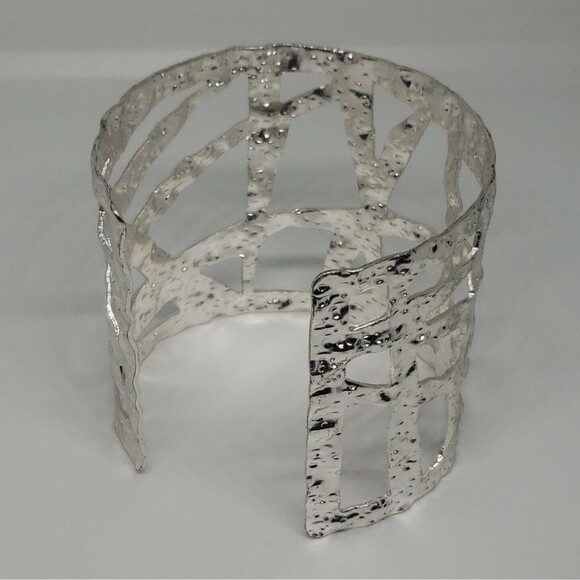 Silver Tone Cuff Bracelet Metal Geometric Cut Outs Heavy Weight Open Work - Picture 6 of 8